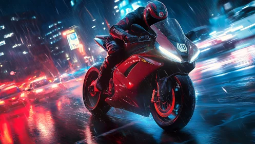Sport bike leans into wet neon city street with dynamic rain streaks