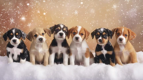 Photorealistic winter puppy row in symmetrical portrait layout.