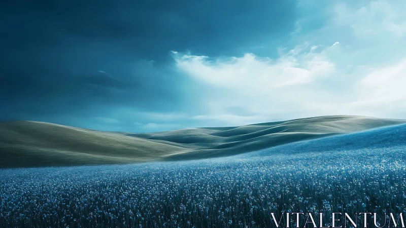 Undulating grassy hills and blue wildflower field under sky.