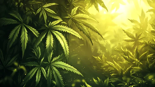 Sunlit emerald leaves drifting through a golden haze.