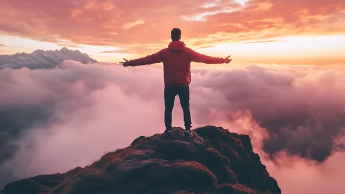 Hiker embraces a fiery cloudscape from a mountain summit.