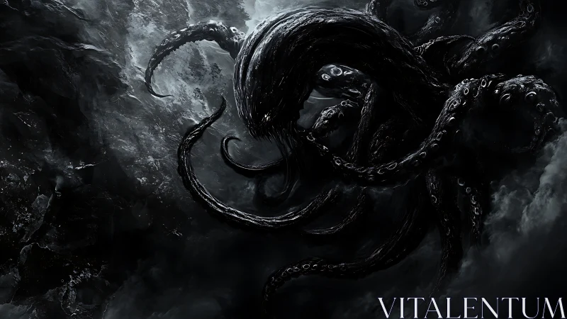 Midnight leviathan swirling through storm-born abyssal gloom.