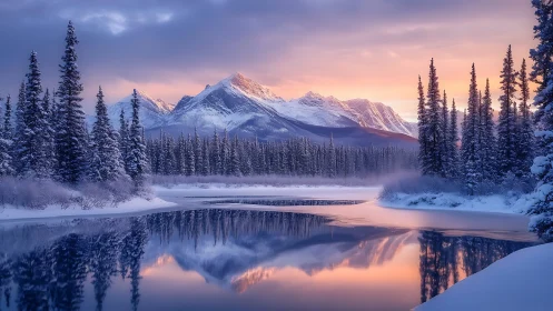 Snow covered conifer forest with mountains at sunrise.