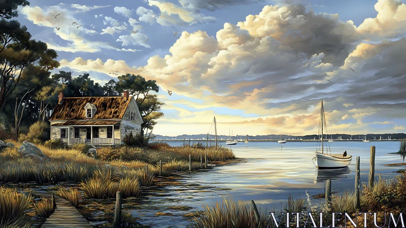 Coastal cottage with dock, sailboats, and clouded sky at dusk.