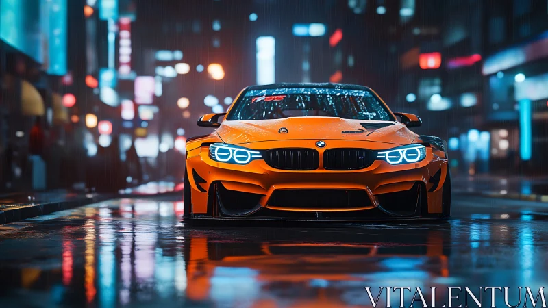 Orange BMW sports car on wet neon city street at night.