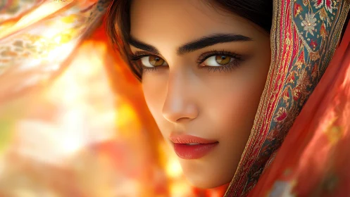 Golden gaze beneath a sunlit, embroidered veil of color.