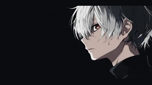 Silver-haired loner gazes through darkness with burning resolve.