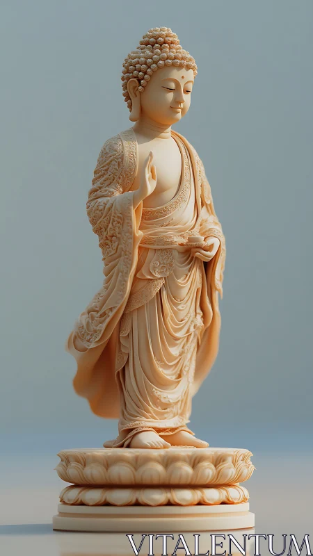 Rendered standing Buddha statue on ornate lotus pedestal