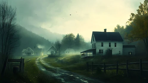 Foggy rural homestead at dawn with white clapboard farmhouses