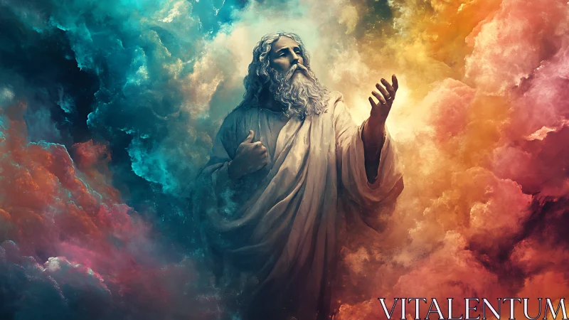 Ethereal robed figure emerges within radiant cosmic clouds.