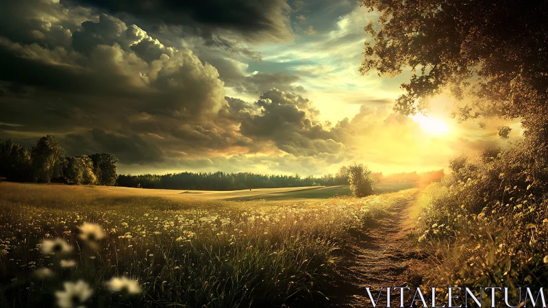 Dramatic sunset over rural field and winding dirt path.