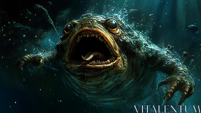 Ferocious deep sea monster lunging through dark water.