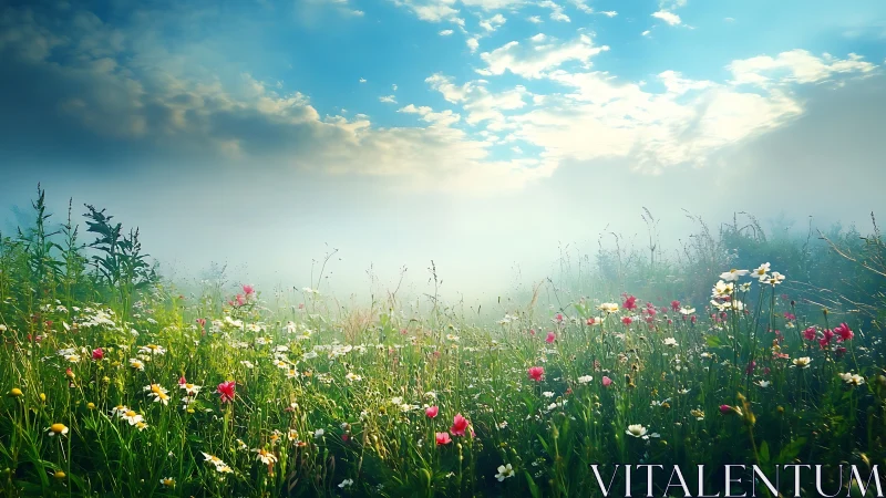 Wildflower meadow under low morning mist and clouded sky.