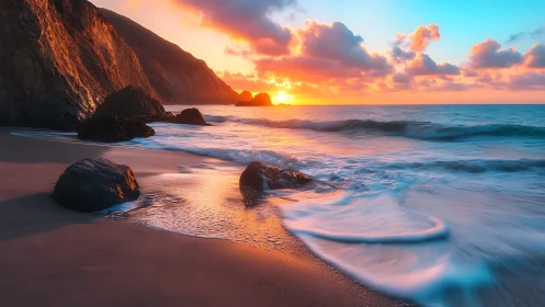 Vivid coastal sunset over waves and rugged sea cliffs.