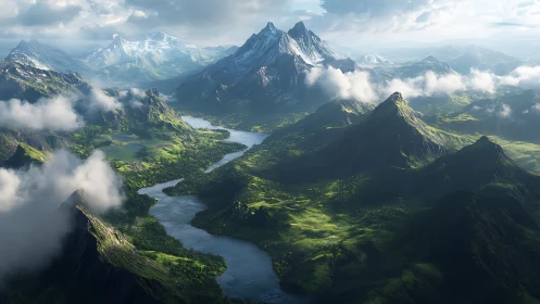 Sunlit river valley winding through dramatic green peaks.