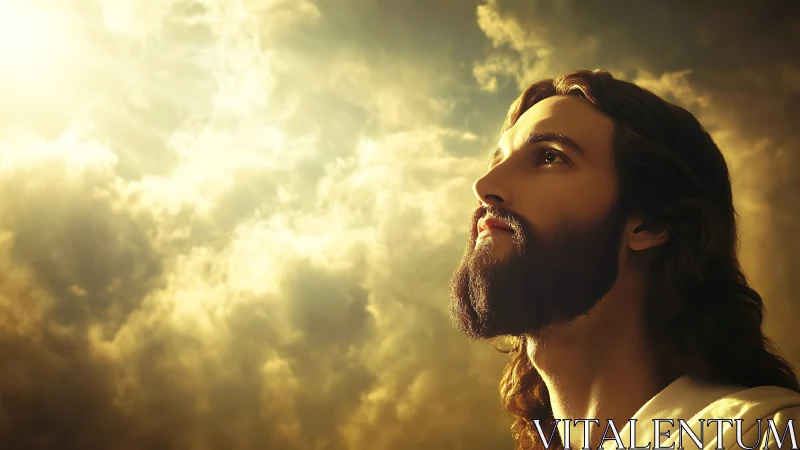Portrait of a bearded man in divine light against radiant clouds