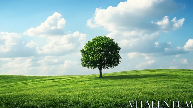 Lone tree on green field under blue sky with clouds, realistic landscape.