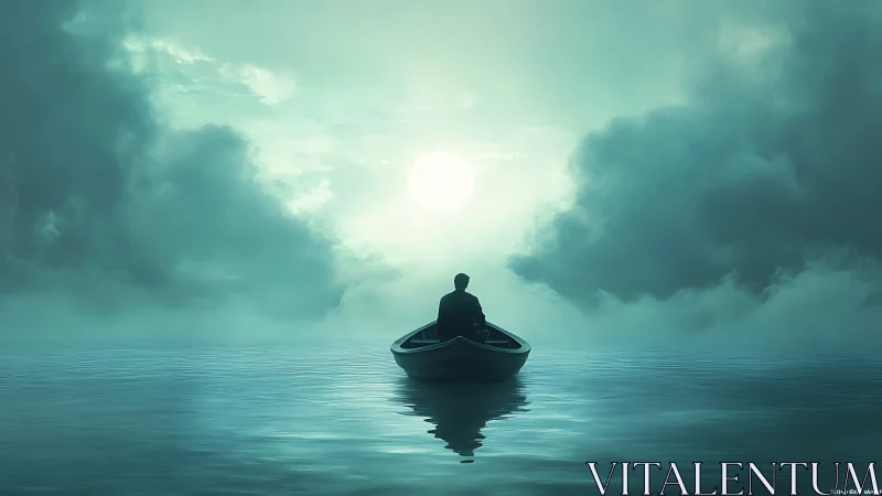 Solitary rower drifts toward hazy turquoise sunrise horizon.