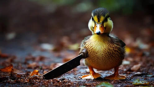 Tiny duckling with oversized knife on wet forest path.