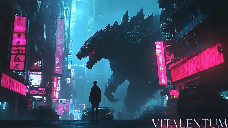 Colossal neon kaiju looms over rain soaked cyberpunk city