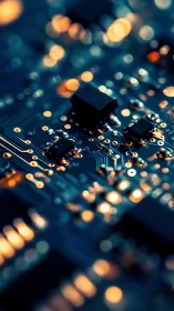 Macro view of illuminated circuit board microchips at night.