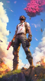 Armed figure stands on rocky hill amid distant airborne chaos