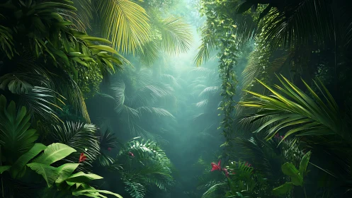 Dense Tropical Jungle Canopy with Sunlight.