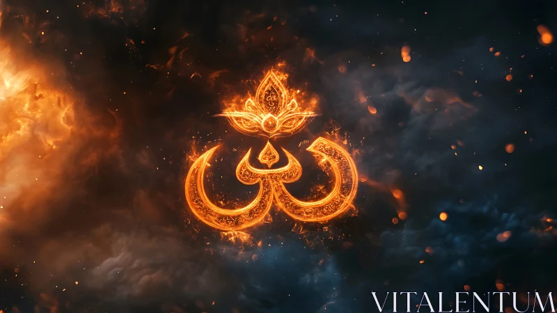Flaming Om sigil blooms like a lotus in cosmic smoke.