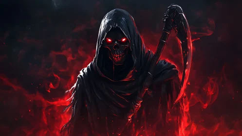 Eerie reaper in crimson flames with glowing ember eyes.