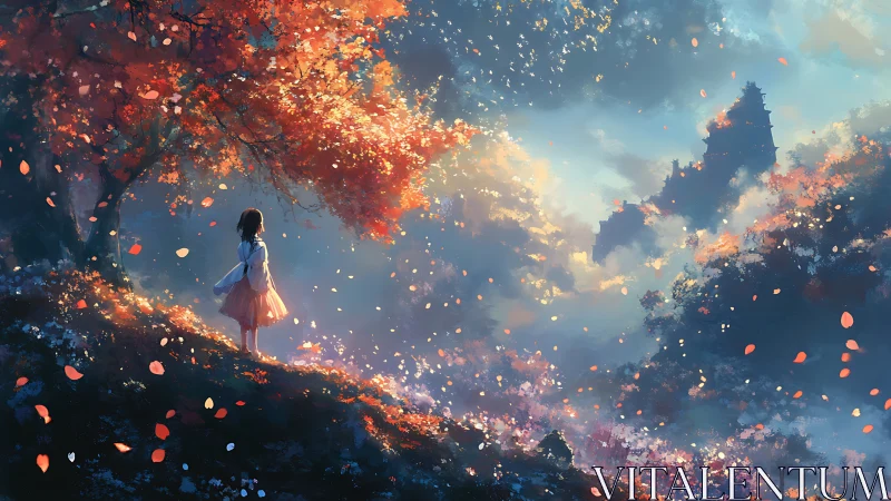 Girl in glowing autumn forest overlooking dreamy valley.