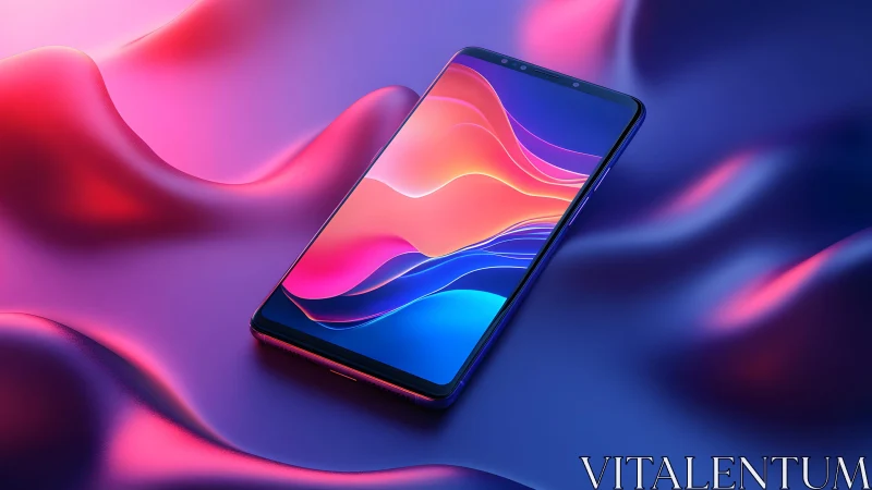 Modern smartphone on vibrant abstract waves, digital art style.