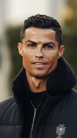 Stylized portrait of man in black winter jacket outdoors.