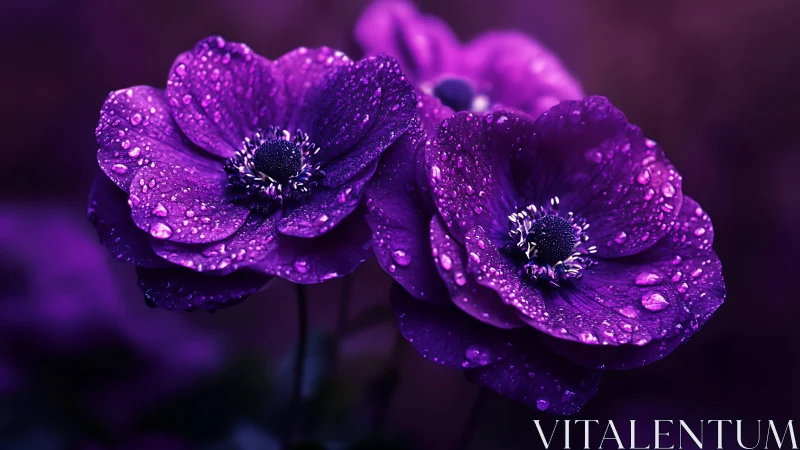 Purple Anemone Flowers with Morning Dew Droplets.