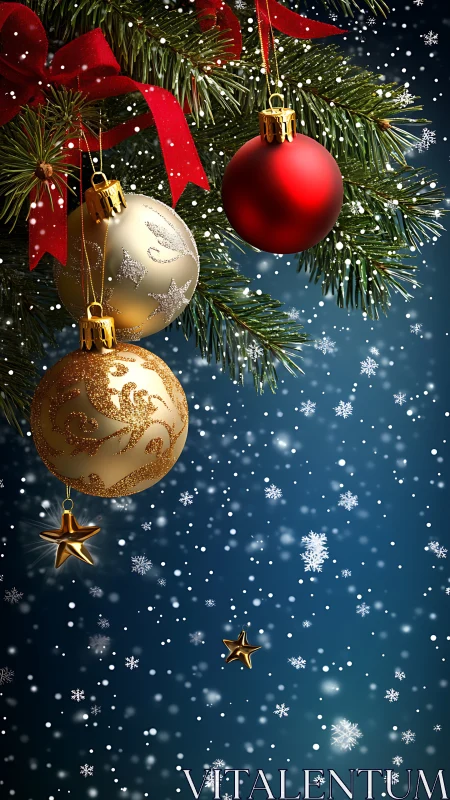 Christmas tree ornaments hang over falling snowflakes