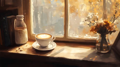 Sunlit latte on rustic windowsill with autumn florals.