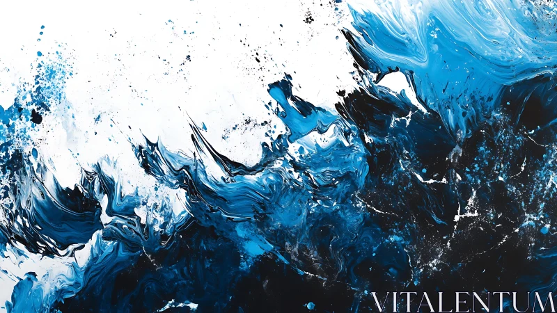 Abstract blue and black fluid art painting with dynamic brush strokes.