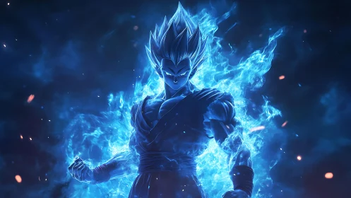 Blue energy warrior engulfed in blazing celestial aura.