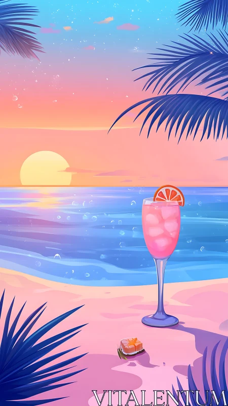 Tropical Sunset Beach with Cocktail and Palm Fronds