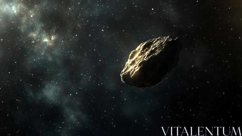 Illuminated carbonaceous asteroid drifting through dense starfield.