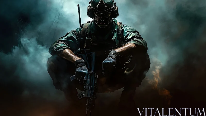 Tactical soldier kneels in smoke, ready for covert assault