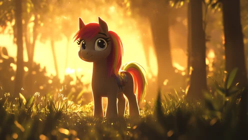 3D pony character in golden-hour forest volumetric lighting.