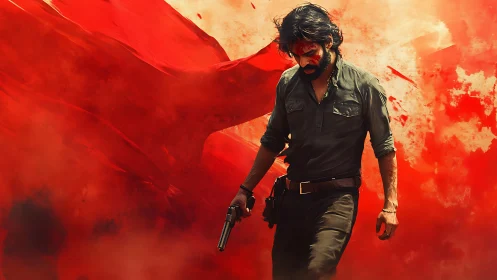 Lone gunman strides through blazing red smoke storm.