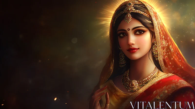Golden-lit portrait of Indian bride with ornate jewelry and halo glow