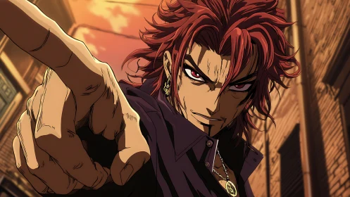 Male anime character extends hand in narrow urban alley