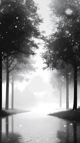 Quiet misty forest path with soft falling snow at dawn.