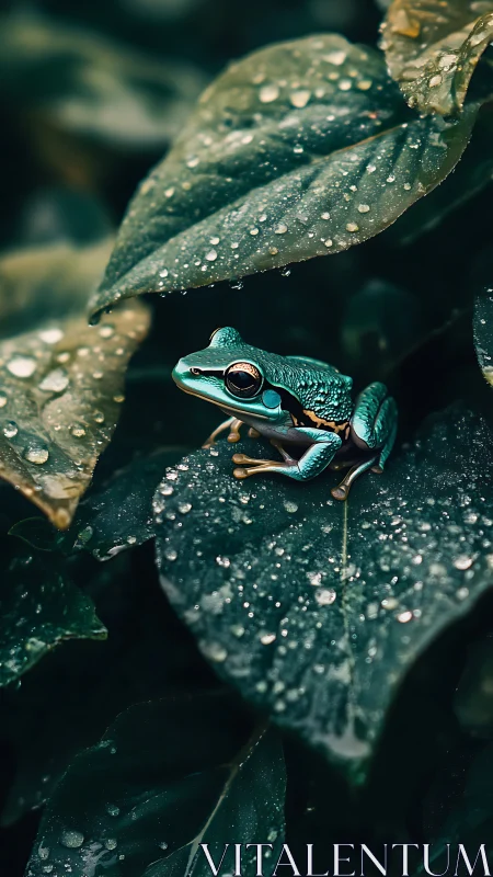 Emerald tree frog resting on rain-soaked jungle leaves.