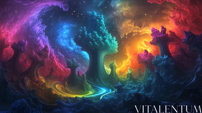 Surreal fractal forest with vivid multicolor cosmic light.