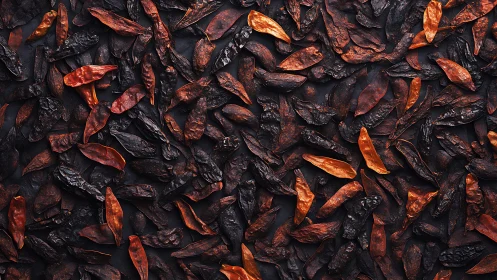 Overhead macro layout of dried red chilies with high contrast lighting