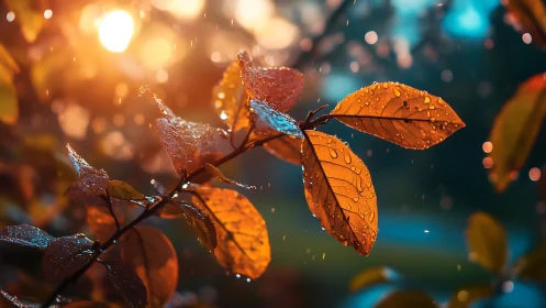 Golden backlit leaves with raindrops in evening bokeh field.