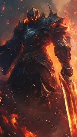 Armored fire demon warrior standing in blazing inferno.